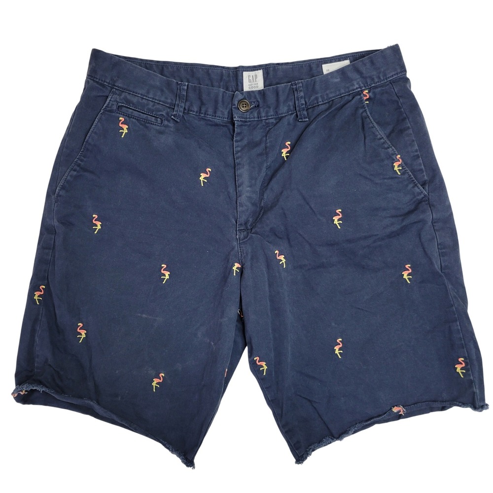 Gap Mens Navy Blue Flamingo Embroidered Chino Shorts Raw Hem Size 33 Summer